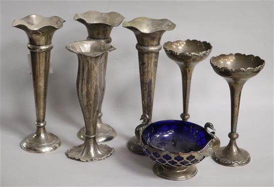 Two pairs of early 20th century silver specimen vases, two other silver vases and a silver Vintners Company bowl with liner.